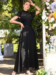 MIUSOL Suknia Kontrastowa strona Kwiatowa koronka Rękaw Motylkowy Maks - Czarne - Zobacz 5