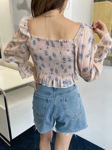 DAZY Floral Print Frill Trim Shirred Flounce Sleeve Crop Blouse Festival,Fall Women Clothes Long Sleeve Top