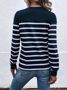 SHEIN LUNE 條紋印花紐扣細節T恤 - 藏蓝色 - 查看 2