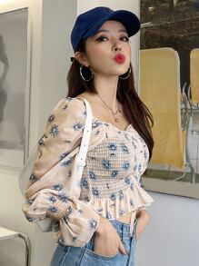 DAZY Floral Print Frill Trim Shirred Flounce Sleeve Crop Blouse Festival,Fall Women Clothes Long Sleeve Top