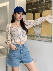 DAZY Floral Print Frill Trim Shirred Flounce Sleeve Crop Blouse Festival,Fall Women Clothes Long Sleeve Top