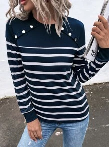 SHEIN LUNE 條紋印花紐扣細節T恤 - 藏蓝色 - 查看 4