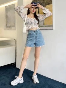 DAZY Floral Print Frill Trim Shirred Flounce Sleeve Crop Blouse Festival,Fall Women Clothes Long Sleeve Top