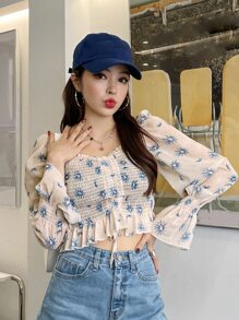 DAZY Floral Print Frill Trim Shirred Flounce Sleeve Crop Blouse Festival,Fall Women Clothes Long Sleeve Top
