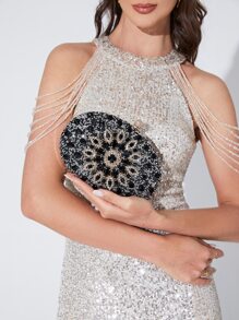 Glamorous Glitter Bling, Sequin, Luxury, Shiny Mini Allover Rhinestone Decor Box Bag Evening Bag, Dinner Bag Faux Pearl, Rhinestone, Flower, Crystal Decor For Party Girl, Woman, Bride Perfect for Party, Wedding, Prom, Dinner/Banquet, For Cocktail - Black - View 1