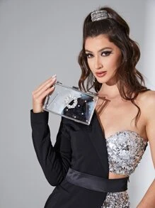 حقيبة شكل صندوق شفاف بديكور حجر الراين سلسلة - شفاف - مشاهدة 1