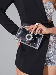 حقيبة شكل صندوق شفاف بديكور حجر الراين سلسلة - شفاف - مشاهدة 2