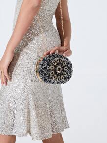 Glamorous Glitter Bling, Sequin, Luxury, Shiny Mini Allover Rhinestone Decor Box Bag Evening Bag, Dinner Bag Faux Pearl, Rhinestone, Flower, Crystal Decor For Party Girl, Woman, Bride Perfect for Party, Wedding, Prom, Dinner/Banquet, For Cocktail - Black - View 8