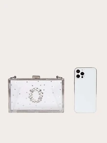 حقيبة شكل صندوق شفاف بديكور حجر الراين سلسلة - شفاف - مشاهدة 4