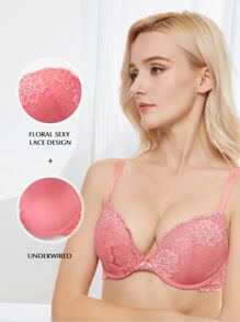 Wingslove 女士蕾丝加厚聚拢文胸，带钢圈，舒适加厚 - 西瓜粉 - 查看 1