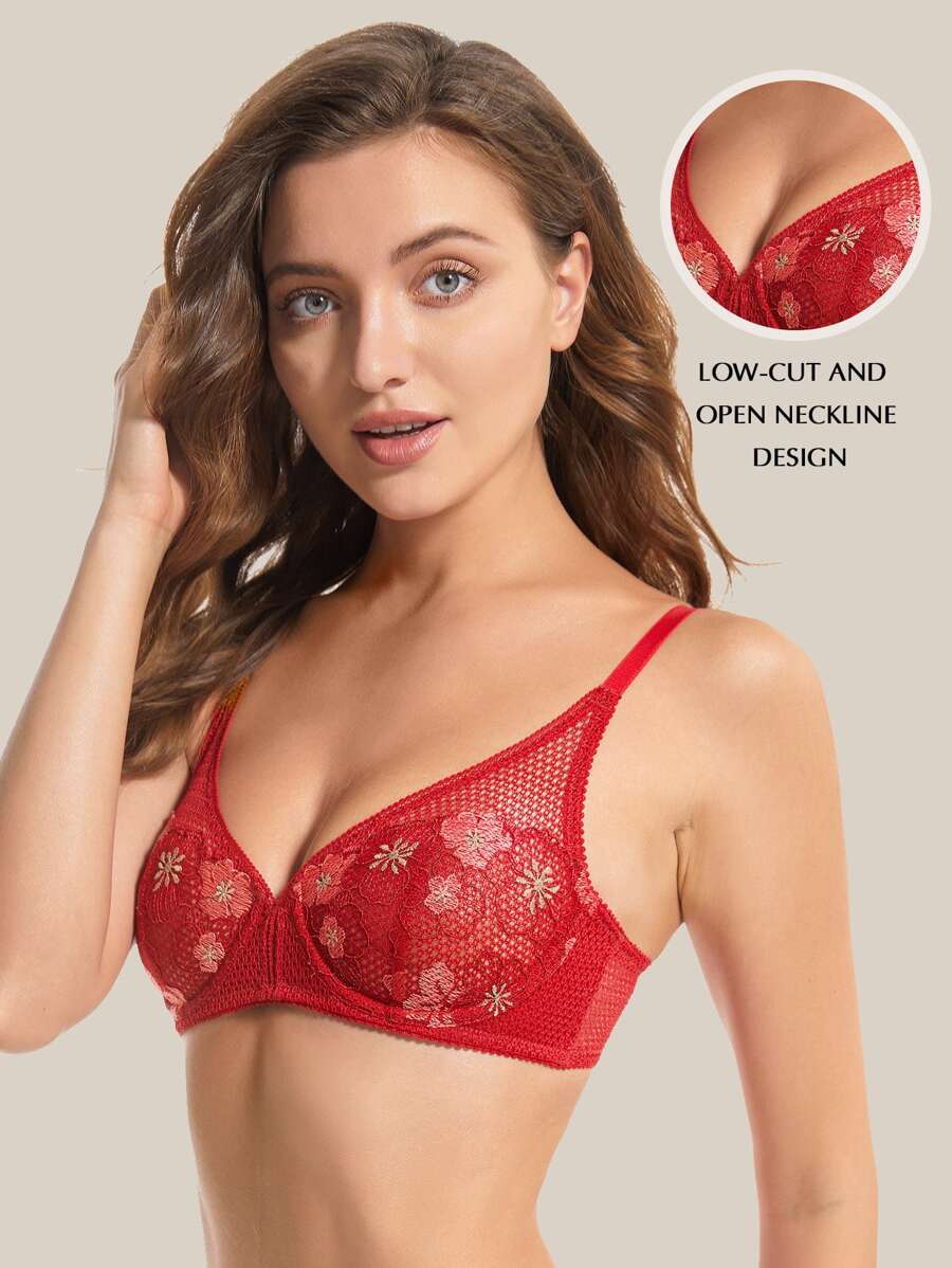 WINGSLOVE Embroidery Lace Demi Bra - Red - View 1