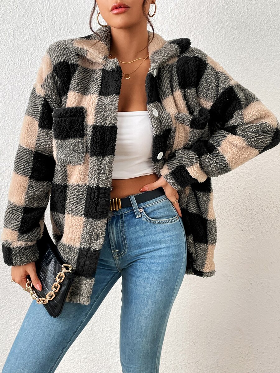 SHEIN Essnce 大格紋口袋貼布絨毛外套