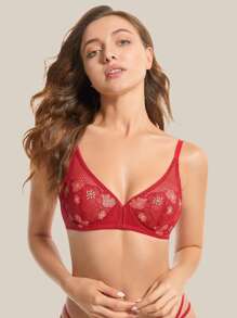 WINGSLOVE Embroidery Lace Demi Bra - Red - View 3