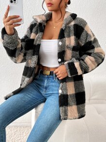 SHEIN Essnce 大格紋口袋貼布絨毛外套