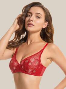 WINGSLOVE Embroidery Lace Demi Bra - Red - View 4