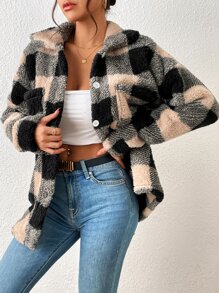 SHEIN Essnce 大格紋口袋貼布絨毛外套