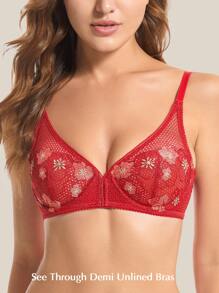 WINGSLOVE Embroidery Lace Demi Bra - Red - View 6