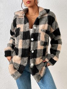 SHEIN Essnce 大格紋口袋貼布絨毛外套