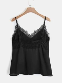 SHEIN Clasi Plus Size Women Solid Color Contrast Lace Camisole - Black - View 2