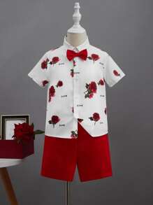 SHEIN Toddler Boys Floral Print Shirt & Shorts - Red and White - View 1