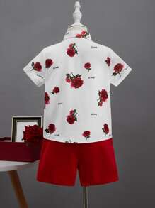 SHEIN Toddler Boys Floral Print Shirt & Shorts - Red and White - View 2