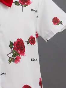 SHEIN Toddler Boys Floral Print Shirt & Shorts - Red and White - View 4