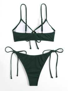 Swim Basics Summer Beach Tie Side Tanga Bikini Set - Dark Green - View 3
