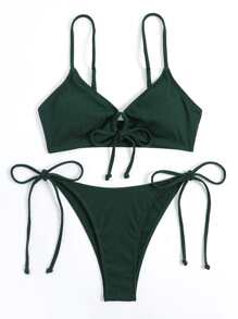 Swim Basics Summer Beach Tie Side Tanga Bikini Set - Dark Green - View 4