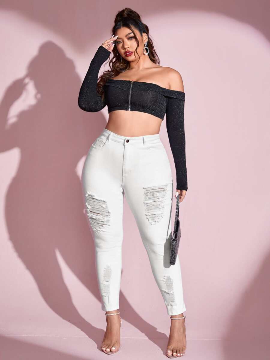 SHEIN Essnce Jeans ajustados desgarro de talle alto - Blanco - Ver 1
