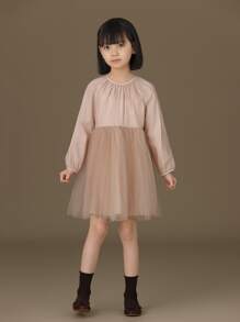 Niñas Vestido de malla en contraste de manga raglán - Rosa Pálido - Ver 1