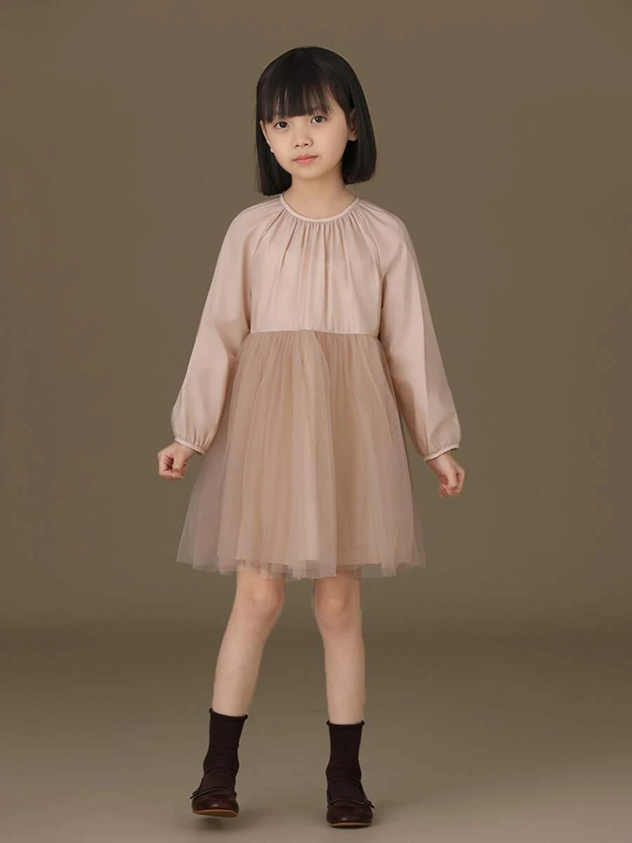 Niñas Vestido de malla en contraste de manga raglán - Rosa Pálido - Ver 1