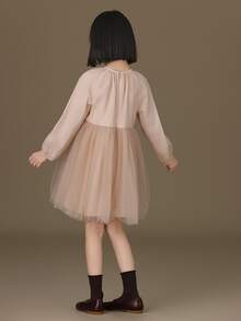 Niñas Vestido de malla en contraste de manga raglán - Rosa Pálido - Ver 2