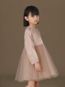 Niñas Vestido de malla en contraste de manga raglán - Rosa Pálido - Ver 4