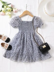 SHEIN 年輕女孩公主泡泡袖連身裙，帶有 3d 蝴蝶結和光滑緞面面料，適合演出、婚禮、晚會、生日派對 - 灰色 - 查看 1