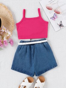 SHEIN 小女童前蝴蝶結吊帶上衣和蝴蝶刺繡牛仔短褲和腰包 - 彩色 - 查看 2