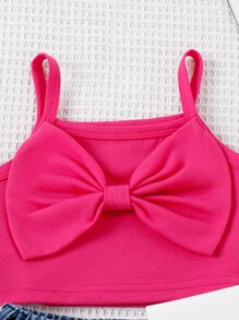 SHEIN 小女童前蝴蝶結吊帶上衣和蝴蝶刺繡牛仔短褲和腰包 - 彩色 - 查看 3