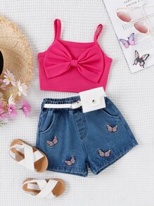 SHEIN 小女童前蝴蝶結吊帶上衣和蝴蝶刺繡牛仔短褲和腰包 - 彩色 - 查看 4