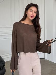 DAZY Boat Neck Raglan Sleeve Tee Fall Tops Long Sleeve Women - Coffee Brown - View 3