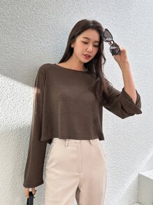 DAZY Boat Neck Raglan Sleeve Tee Fall Tops Long Sleeve Women - Coffee Brown - View 4