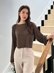DAZY Boat Neck Raglan Sleeve Tee Fall Tops Long Sleeve Women - Coffee Brown - View 6