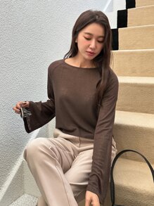 DAZY Boat Neck Raglan Sleeve Tee Fall Tops Long Sleeve Women - Coffee Brown - View 8