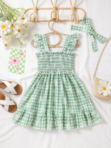 Toddler Girls Gingham & Floral Print Ruffle Trim Dress & Accessory Headband - Multicolor - View 1