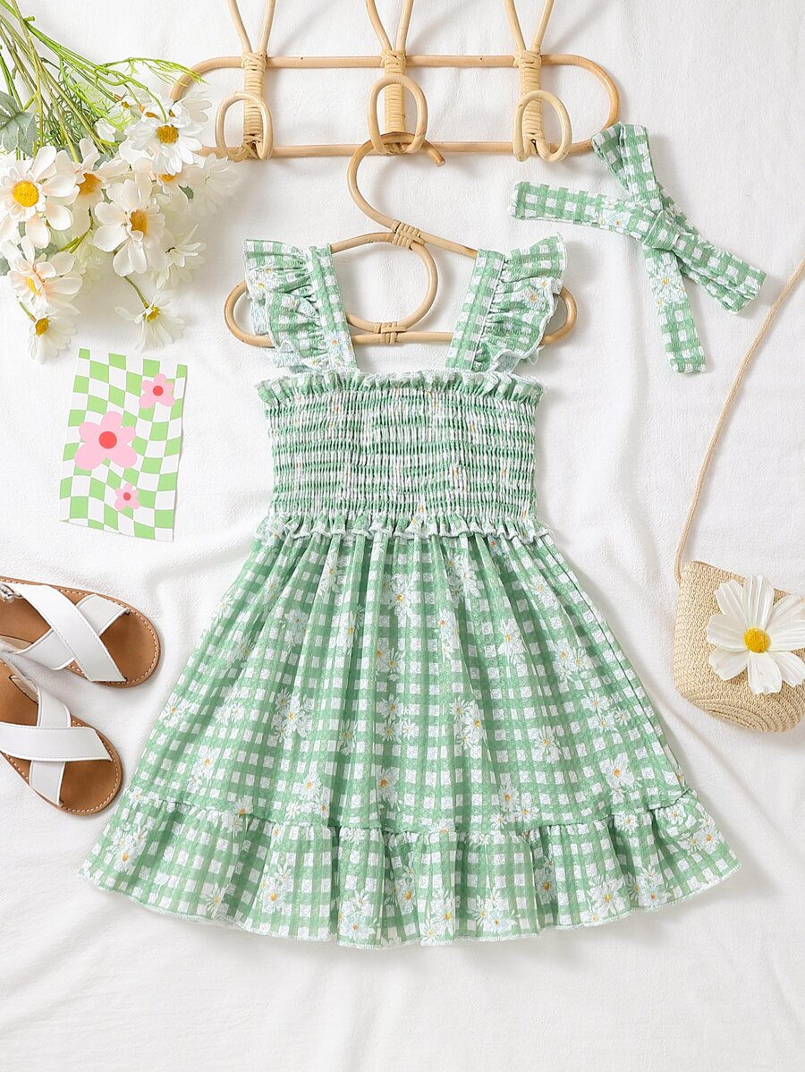 Toddler Girls Gingham & Floral Print Ruffle Trim Dress & Accessory Headband - Multicolor - View 1