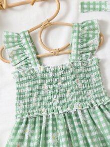 Toddler Girls Gingham & Floral Print Ruffle Trim Dress & Accessory Headband - Multicolor - View 5