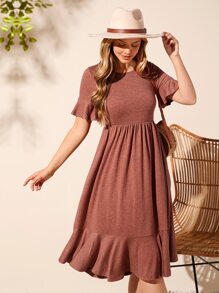 SHEIN LUNE Vestido de manga con volante bajo con fruncido - Marrón - Ver 2