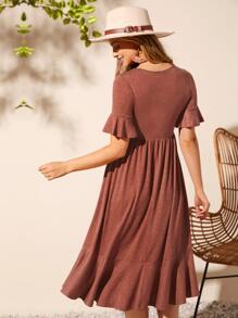 SHEIN LUNE Vestido de manga con volante bajo con fruncido - Marrón - Ver 3