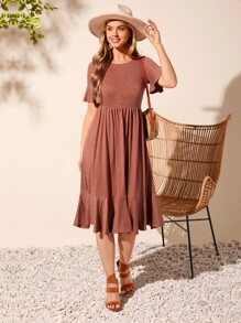 SHEIN LUNE Vestido de manga con volante bajo con fruncido - Marrón - Ver 4