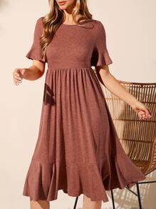 SHEIN LUNE Vestido de manga con volante bajo con fruncido - Marrón - Ver 1