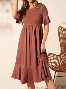 SHEIN LUNE Vestido de manga con volante bajo con fruncido - Marrón - Ver 5