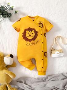 Baby Lion Print Button Front Jumpsuit - Mustard Yellow - View 1